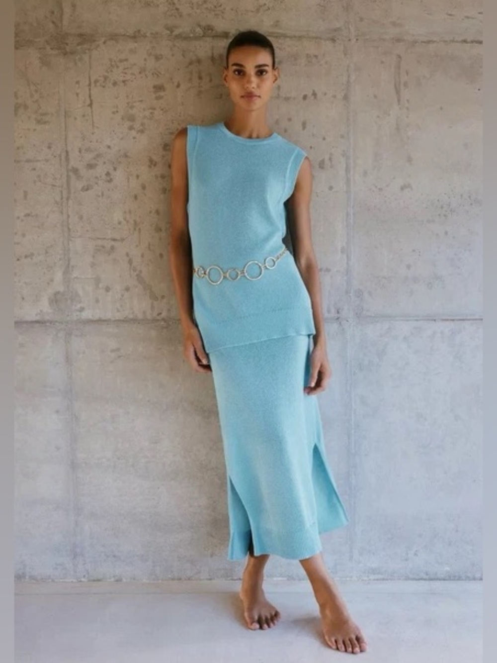 ZARA Light Blue Knit Top and Skirt Set